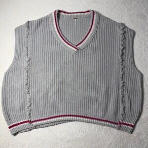 Free People Light Gray Knit V-Neck Sweater Vest with Trim